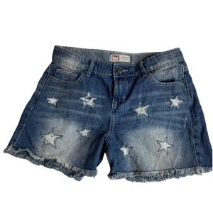 LEI Girls‎ Denim Shorts Star Print Frayed Hem Low Rise Size 16